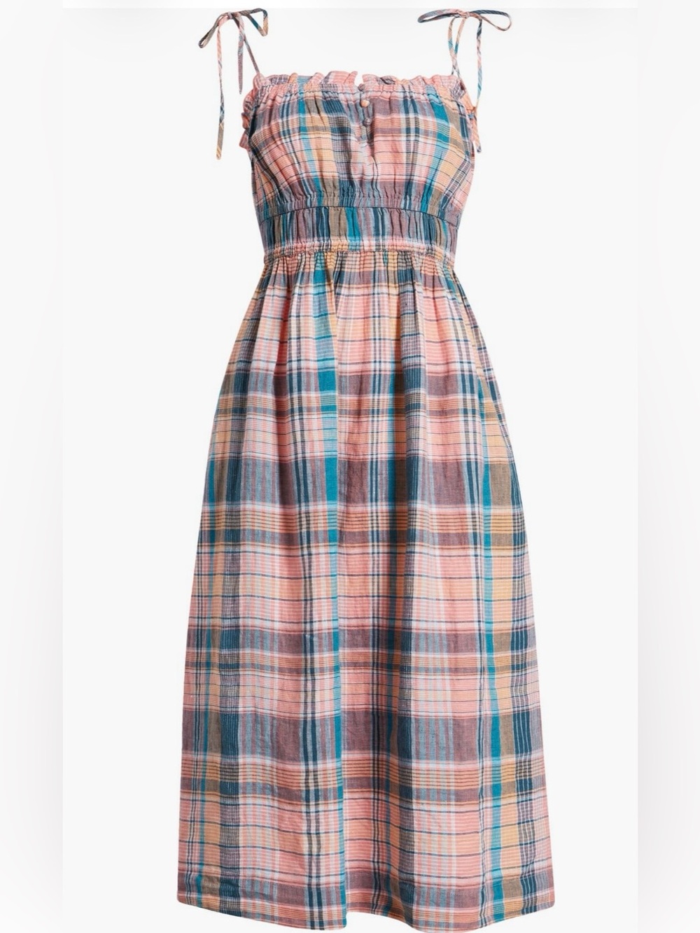 Vineyard Vines Plaid Linen Sundress Pockets Smocked Waist Tie Strap Midi Boho XL